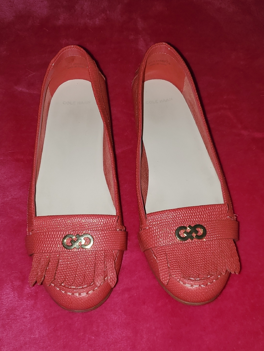 Cole Haan Coral Leather Fringe Loafers with Gold Accent